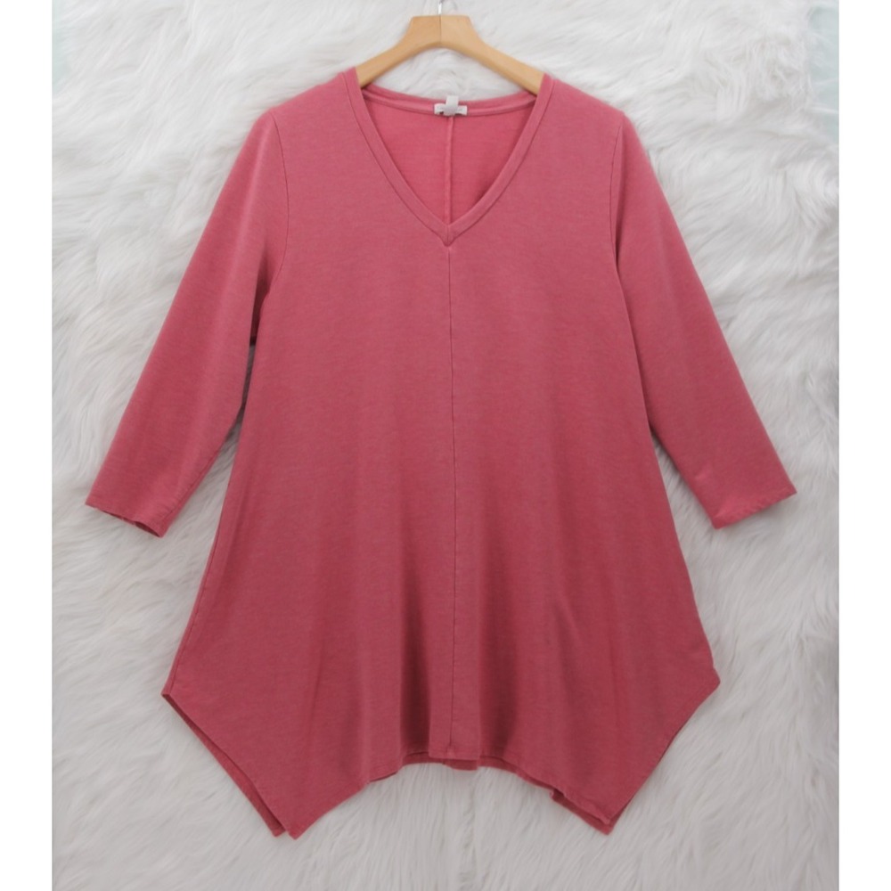 Garnet Hill Long Sleeve Tunic Top Pink V Neck Asymmetrical Hem Knit Lagenlook